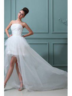 Taffeta Strapless Asymmetrical Ball Gown Wedding Dress with Embroidered