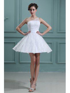 Lace and Satin One-Shoulder Short A-line Wedding Dress with Embroidered