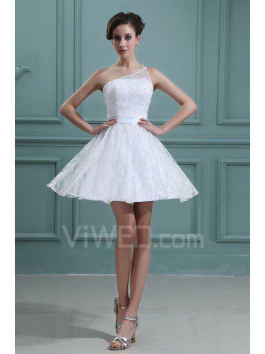 Lace and Satin One-Shoulder Short A-line Wedding Dress with Embroidered