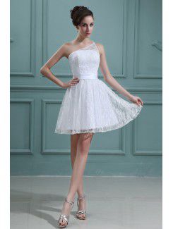 Lace and Satin One-Shoulder Short A-line Wedding Dress with Embroidered