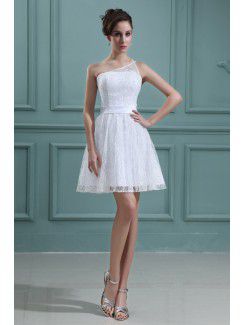 Lace and Satin One-Shoulder Short A-line Wedding Dress with Embroidered