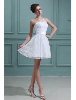 Lace and Satin One-Shoulder Short A-line Wedding Dress with Embroidered