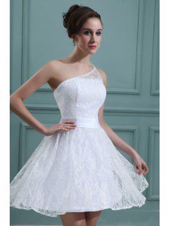 Lace and Satin One-Shoulder Short A-line Wedding Dress with Embroidered