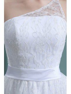 Lace and Satin One-Shoulder Short A-line Wedding Dress with Embroidered