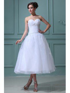 Tulle and Satin Sweetheart Tea-Length Ball Gown Wedding Dress