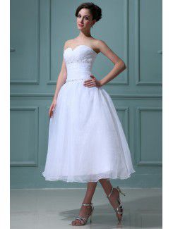 Tulle and Satin Sweetheart Tea-Length Ball Gown Wedding Dress