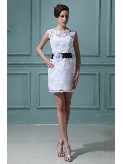 Lace Bateau Short Sheath Wedding Dress with Flowers