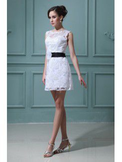 Lace Bateau Short Sheath Wedding Dress with Flowers