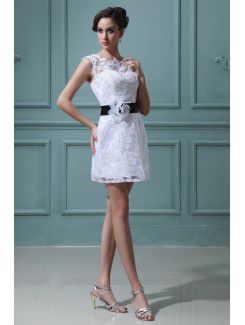 Lace Bateau Short Sheath Wedding Dress with Flowers