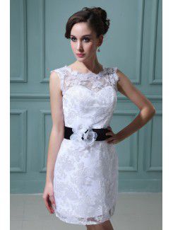 Lace Bateau Short Sheath Wedding Dress with Flowers