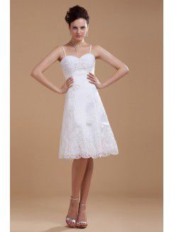 Satin and Lace Spaghetti Straps Knee-length A-line Wedding Dress with Embroidered