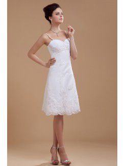 Satin and Lace Spaghetti Straps Knee-length A-line Wedding Dress with Embroidered