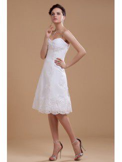 Satin and Lace Spaghetti Straps Knee-length A-line Wedding Dress with Embroidered