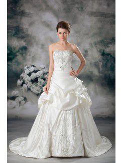 Satin Strapless Sweep Train A-line Embroidered Wedding Dress