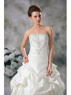 Satin Strapless Sweep Train A-line Embroidered Wedding Dress