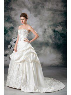 Satin Strapless Sweep Train A-line Embroidered Wedding Dress