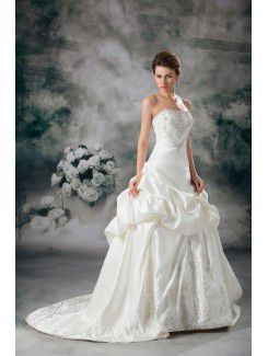 Satin Strapless Sweep Train A-line Embroidered Wedding Dress