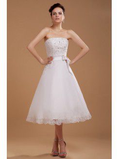 Satin and Tulle Strapless Tea-Length A-line Wedding Dress with Embroidered