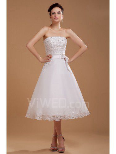 Satin and Tulle Strapless Tea-Length A-line Wedding Dress with Embroidered