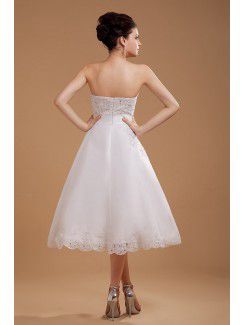 Satin and Tulle Strapless Tea-Length A-line Wedding Dress with Embroidered