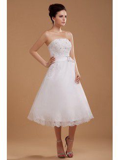 Satin and Tulle Strapless Tea-Length A-line Wedding Dress with Embroidered