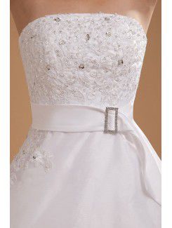 Satin and Tulle Strapless Tea-Length A-line Wedding Dress with Embroidered