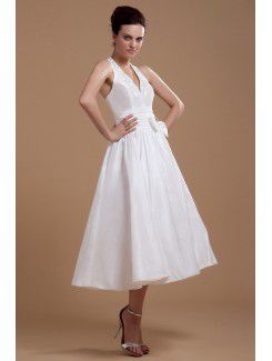 Satin Halter Tea-Length A-line Wedding Dress with Bow