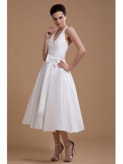 Satin Halter Tea-Length A-line Wedding Dress with Bow