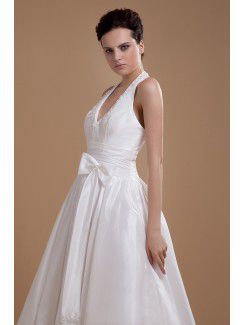 Satin Halter Tea-Length A-line Wedding Dress with Bow