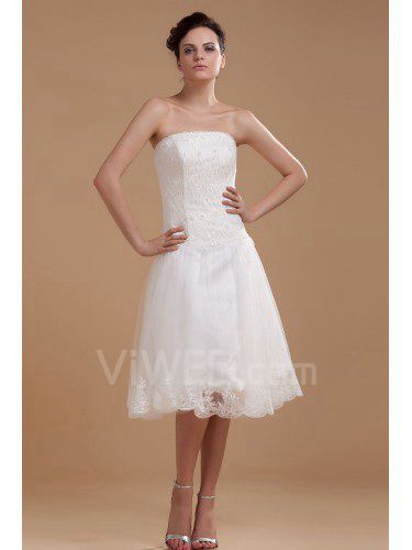 Cetim e organza strapless do joelho-comprimento vestido de noiva uma linha