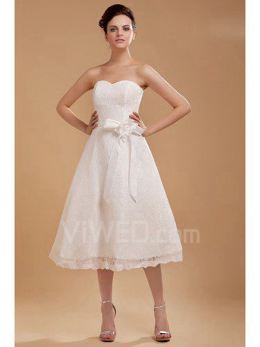 Raso e pizzo sweetheart tea-lunghezza di a-line abito da sposa con fiore fatto a mano