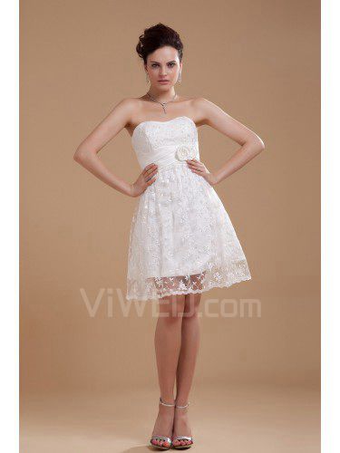 Satin Scoop Knee-Length A-line Wedding Dress with Embroidered