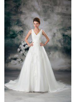 Net V-Neck Chapel Train A-line Embroidered Wedding Dress