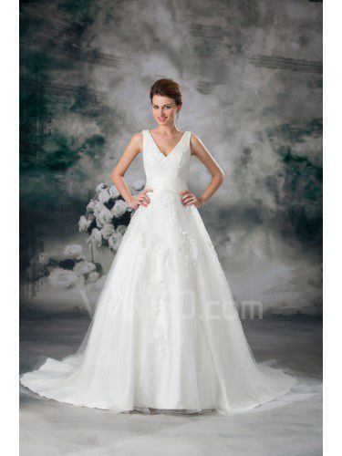 Net V-Neck Chapel Train A-line Embroidered Wedding Dress