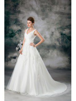 Net V-Neck Chapel Train A-line Embroidered Wedding Dress