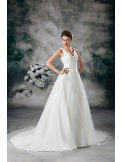 Net V-Neck Chapel Train A-line Embroidered Wedding Dress