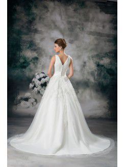 Net V-Neck Chapel Train A-line Embroidered Wedding Dress