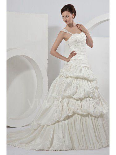 Taffeta Straps Court Train Ball Gown Wedding Dress with Embroidered