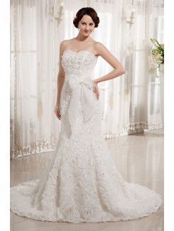 Organza sweetheart cappella treno abito da sposa sirena con fiori e ghigliottina