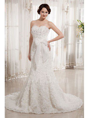 Organza Sweetheart Chapel Train Mermaid Wedding Dress with Flowers and Sash