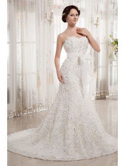 Organza Sweetheart Chapel Train Mermaid Wedding Dress with Flowers and Sash