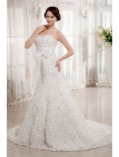 Organza Sweetheart Chapel Train Mermaid Wedding Dress with Flowers and Sash