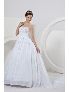 Satin Strapless Court Train Ball Gown Wedding Dress with Embroidered