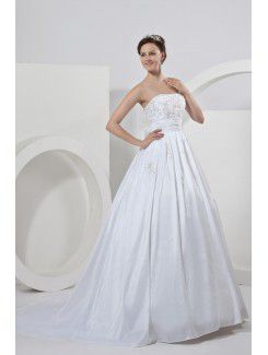 Satin Strapless Court Train Ball Gown Wedding Dress with Embroidered