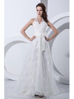 Satin and Lace V-Neckline Court Train A-Line Wedding Dress