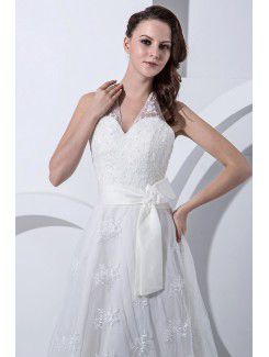 Satin and Lace V-Neckline Court Train A-Line Wedding Dress