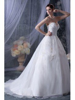 Organza Sweetheart Sweep Train Ball Gown Wedding Dress with Embroidered