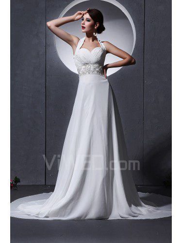 Chiffon Halter Chapel Train A-Line Wedding Dress with Pleat and Beading