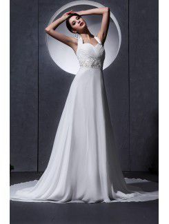 Chiffon Halter Chapel Train A-Line Wedding Dress with Pleat and Beading