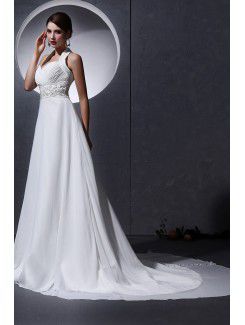 Chiffon Halter Chapel Train A-Line Wedding Dress with Pleat and Beading